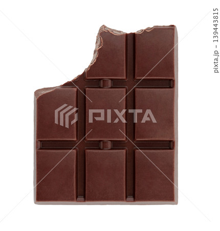 Bitten chocolate bar with visible bite mark and segmented pieces. Concept of temptation, taste, and sweet indulgence. Isolated on transparent background 139443815