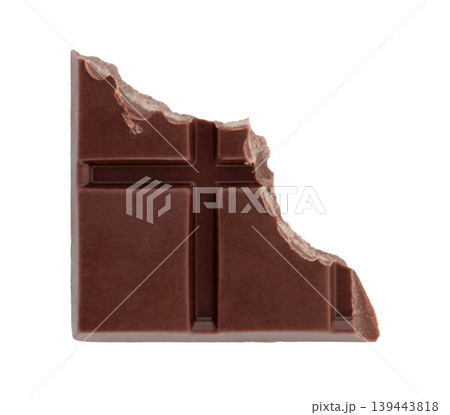 Bitten chocolate bar with visible bite mark and segmented pieces. Concept of temptation, taste, and sweet indulgence. Isolated on transparent background 139443818