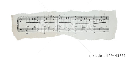 Torn fragment of musical sheet with notes isolated on transparent background. Vintage music paper detail suitable for design, collage, education, and creative layouts Torn fragment of musical sheet with notes isolated on transparent background. Vintage music paper detail suitable for design, collage, education, and creative layouts 139443821