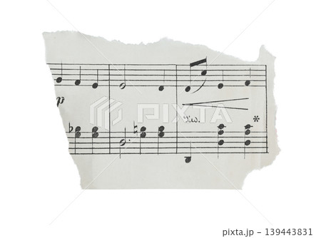Torn fragment of musical sheet with notes isolated on transparent background. Vintage music paper detail suitable for design, collage, education, and creative layouts Torn fragment of musical sheet with notes isolated on transparent background. Vintage music paper detail suitable for design, collage, education, and creative layouts 139443831