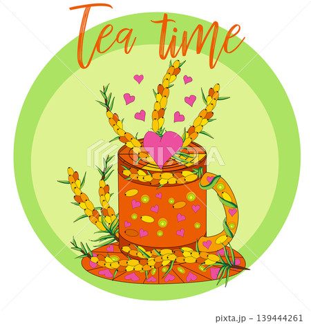 Tea Branding and Packaging with Cup of tea with Sea buckthorn. Tea Branding and Packaging with Cup of tea with Sea buckthorn. 139444261