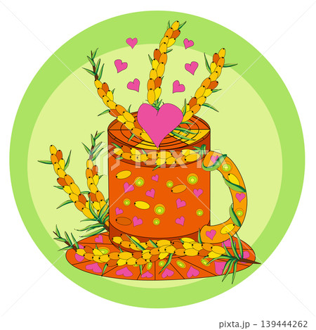 Tea Branding and Packaging with Cup of tea with Sea buckthorn. Tea Branding and Packaging with Cup of tea with Sea buckthorn. 139444262