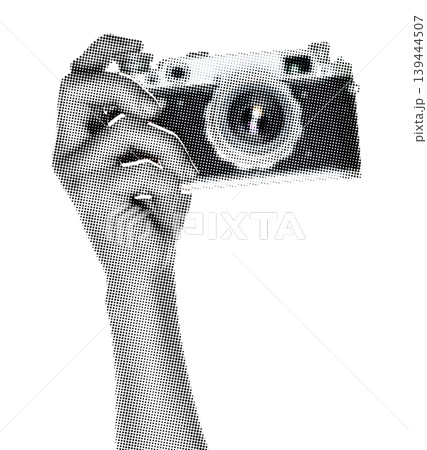 Hand holding a vintage retro camera isolated on transparent background with newspaper print texture. Concept of analog photography, classic technology and nostalgic media style Hand holding a vintage retro camera isolated on transparent background with newspaper print texture. Concept of analog photography, classic technology and nostalgic media style 139444507