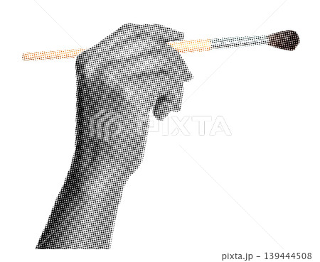 Hand holding a paintbrush like drawing, isolated on transparent background with vintage newspaper print texture. Concept of art, creativity and retro print media style Hand holding a paintbrush like drawing, isolated on transparent background with vintage newspaper print texture. Concept of art, creativity and retro print media style 139444508