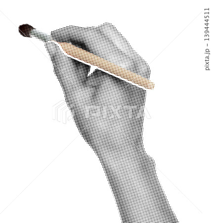 Hand holding a paintbrush like drawing, isolated on transparent background with vintage newspaper print texture. Concept of art, creativity and retro print media style Hand holding a paintbrush like drawing, isolated on transparent background with vintage newspaper print texture. Concept of art, creativity and retro print media style 139444511