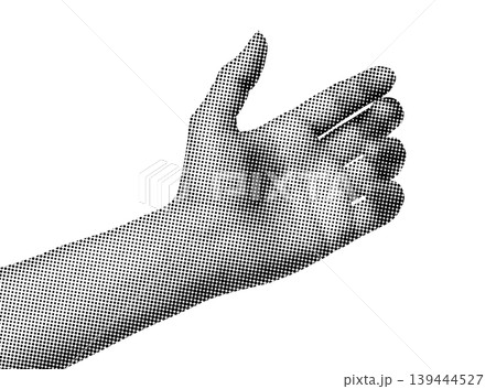 Hand gesture like holding something, isolated on transparent background with vintage newspaper print texture. Concept of presentation, offering, selection and universal communication 139444527