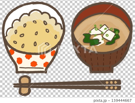 A simple and cute hand-drawn illustration of miso soup with brown rice, tofu, and wakame seaweed (Lifestyle Series) A simple and cute hand-drawn illustration of miso soup with brown rice, tofu, and wakame seaweed (Lifestyle Series) 139444667