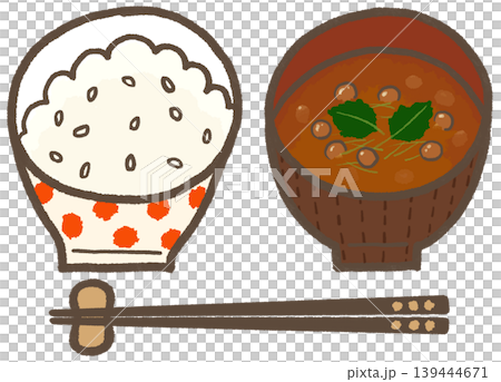 ごはんとなめこの赤だしのセット、シンプルで可愛くデフォルメした手描きイラスト（暮らしシリーズ） 139444671