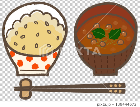 玄米となめこの赤だし、シンプルで可愛くデフォルメした手描きイラスト（暮らしシリーズ） 139444672