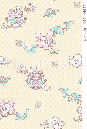 Collection of cute whimsical animal themed seamless patterns with sweet desserts 139444989