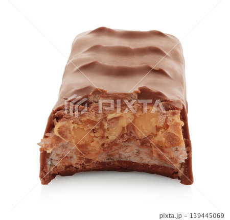 Bitten chocolate bar isolated on transparent background with full focus. Sweet dessert snack concept showing bite mark, ideal for food advertising, packaging, and commercial design 139445069
