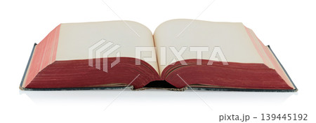 Open antique book showing blank aged pages, isolated on transparent background. Ideal for historical, educational, or design projects 139445192