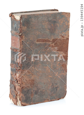 Old antique closed book with textured leather cover, isolated on transparent background. Vintage historical object perfect for education, religion, or literature concepts Old antique closed book with textured leather cover, isolated on transparent background. Vintage historical object perfect for education, religion, or literature concepts 139445194