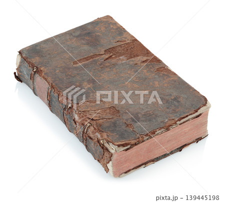 Old antique closed book with textured leather cover, isolated on transparent background. Vintage historical object perfect for education, religion, or literature concepts Old antique closed book with textured leather cover, isolated on transparent background. Vintage historical object perfect for education, religion, or literature concepts 139445198