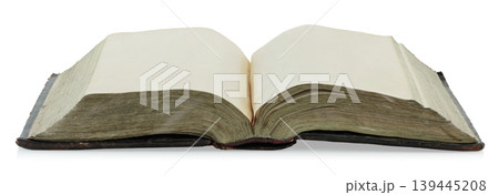 Open antique book showing blank aged pages, isolated on transparent background. Ideal for historical, educational, or design projects Open antique book showing blank aged pages, isolated on transparent background. Ideal for historical, educational, or design projects 139445208