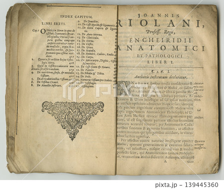 Antique medical book, paper or ancient info of content page in medicine study index, note or vintage history guide. Latin language, biology healing or manual script of healthcare education literature Antique medical book, paper or ancient info of content page in medicine study index, note or vintage history guide. Latin language, biology healing or manual script of healthcare education literature 139445360