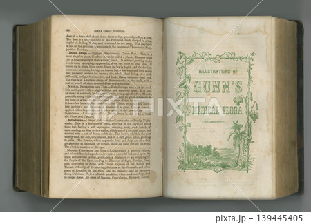 Old book, vintage and pages of biology, antique manuscript or medical scriptures in ancient literature against a studio background. Closeup of historical novel, journal or guide on healthcare history 139445405
