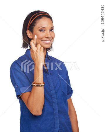 Woman, fingers crossed and portrait in studio for good luck opportunity, promotion or competition winner. Female person, hand gesture and face on white background for mockup space, prize or lottery 139445439