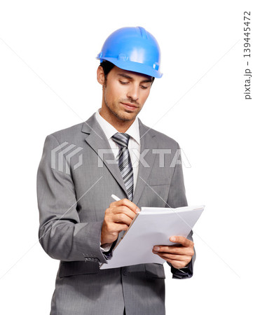 Construction, man and writing notes in studio for project management, planning architecture and engineering checklist on white background. Corporate contractor, manager and inspection paper documents 139445472