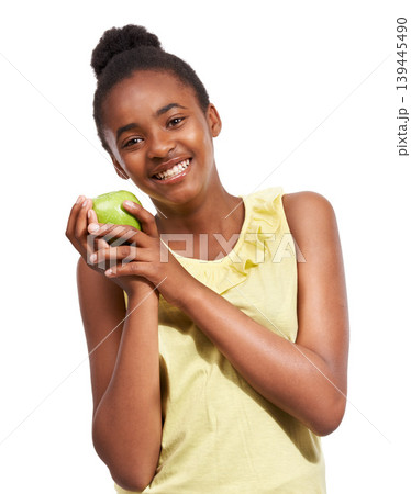 Food, health with portrait of girl and apple in studio for nutrition, wellness and diet. Smile, self care and vitamin c with face of African person and fruit on white background for fiber mockup Food, health with portrait of girl and apple in studio for nutrition, wellness and diet. Smile, self care and vitamin c with face of African person and fruit on white background for fiber mockup 139445490