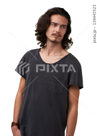 Studio fashion, thinking and man serious, focus and decision for casual outfit, trendy style or planning hipster apparel clothes. Choice, ideas and stylish male model isolated on white background Studio fashion, thinking and man serious, focus and decision for casual outfit, trendy style or planning hipster apparel clothes. Choice, ideas and stylish male model isolated on white background 139445523