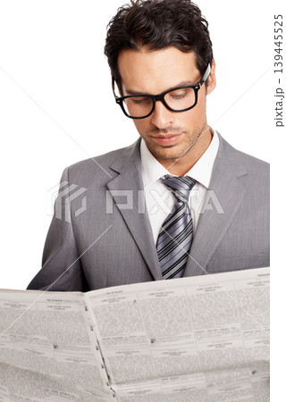 Business, man and reading newspaper in studio for stock market information, trading report and investment article on white background. Corporate trader, publication and print media for newsletter Business, man and reading newspaper in studio for stock market information, trading report and investment article on white background. Corporate trader, publication and print media for newsletter 139445525