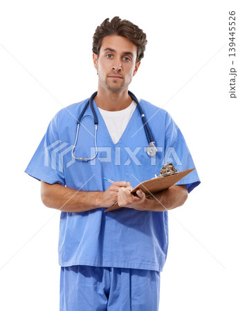 Man, doctor and portrait with documents in studio for medical checklist, assessment and consultation. Professional or healthcare nurse writing notes with clipboard for services on a white background Man, doctor and portrait with documents in studio for medical checklist, assessment and consultation. Professional or healthcare nurse writing notes with clipboard for services on a white background 139445526