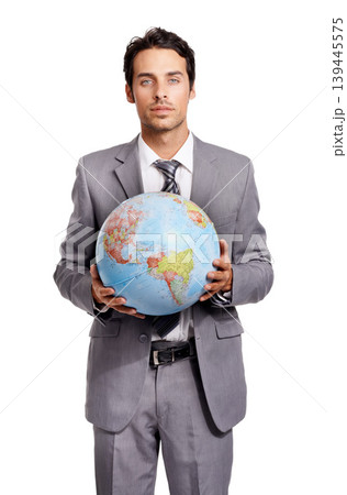 Portrait, business man and globe, planet or worldwide travel agent isolated on a white studio background. Vacation, professional suit and earth map for geography, international journey and serious 139445575
