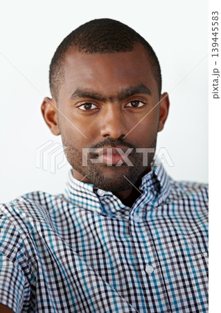 Serious, white background and portrait of business black man for working, career and office job. Corporate manager, startup company and face of worker with confidence, pride and ambition mindset 139445583