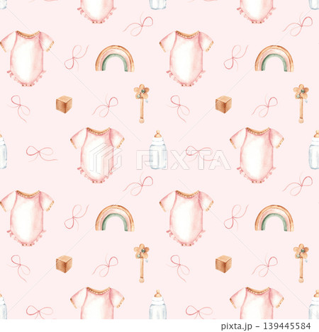 Watercolor baby girl seamless pattern with onesie or bodysuit, milk bottle, wooden toys and bows on a pink background. Suitable for fabric, textile, wallpaper, wrapping paper and baby shower designs. Watercolor baby girl seamless pattern with onesie or bodysuit, milk bottle, wooden toys and bows on a pink background. Suitable for fabric, textile, wallpaper, wrapping paper and baby shower designs. 139445584