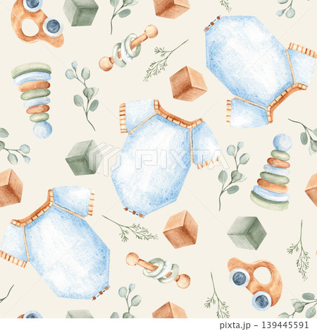 Baby boy watercolor seamless pattern. Blue onesie or bodysuit, wooden toys and eucalyptus branches on a beige background. Suitable for fabric, textile, wallpaper, wrapping paper and baby shower Baby boy watercolor seamless pattern. Blue onesie or bodysuit, wooden toys and eucalyptus branches on a beige background. Suitable for fabric, textile, wallpaper, wrapping paper and baby shower 139445591