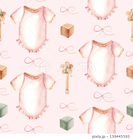 Watercolor baby girl seamless pattern with onesie or bodysuit, pink bows and wooden toys. Hand drawn illustration on a pink background. Suitable for fabric, textile, wallpaper, wrapping paper and baby 139445593