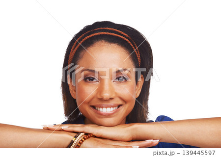 Woman, leaning and hands as portrait in studio on white background for mockup space, good mood or relax casual. Female person, model and face or happy joy for confidence, arms crossed or cool pride Woman, leaning and hands as portrait in studio on white background for mockup space, good mood or relax casual. Female person, model and face or happy joy for confidence, arms crossed or cool pride 139445597