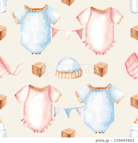 Baby watercolor seamless pattern on a beige background. Blue and pink onesies or bodysuits with bunting garlands, cap and bonnet, wooden cubes. Suitable for boy and girl fabric, textile, wallpaper Baby watercolor seamless pattern on a beige background. Blue and pink onesies or bodysuits with bunting garlands, cap and bonnet, wooden cubes. Suitable for boy and girl fabric, textile, wallpaper 139445601