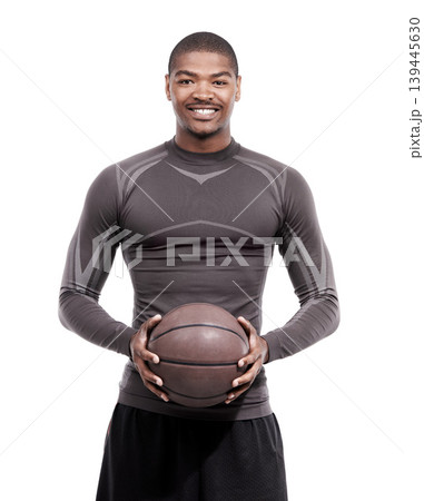 Fitness, sports and portrait of black man with basketball, strong confidence and body muscle workout. Power wellness, health and happy professional athlete with ball isolated on white background. Fitness, sports and portrait of black man with basketball, strong confidence and body muscle workout. Power wellness, health and happy professional athlete with ball isolated on white background. 139445630
