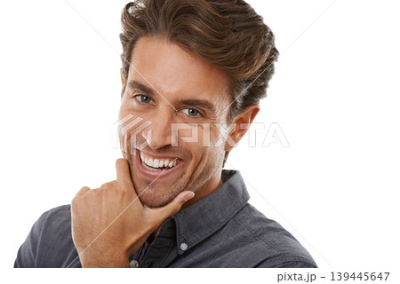 Man, portrait and happy in studio with fashion, casual style or trendy outfit with confidence and mock up space. Person, face or smile with good mood, joyful or cheerful and shirt on white background Man, portrait and happy in studio with fashion, casual style or trendy outfit with confidence and mock up space. Person, face or smile with good mood, joyful or cheerful and shirt on white background 139445647