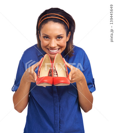 High heel shoes, fashion portrait and excited woman with retail deal, gift present or shopping spree sales. Studio, commercial choice or shopaholic customer with boutique footwear on white background High heel shoes, fashion portrait and excited woman with retail deal, gift present or shopping spree sales. Studio, commercial choice or shopaholic customer with boutique footwear on white background 139445649
