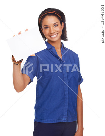 Woman, portrait and poster mockup in studio for information, advertising or white background. Female person, face and board placard for presentation or announcement promotion, news or communication Woman, portrait and poster mockup in studio for information, advertising or white background. Female person, face and board placard for presentation or announcement promotion, news or communication 139445651