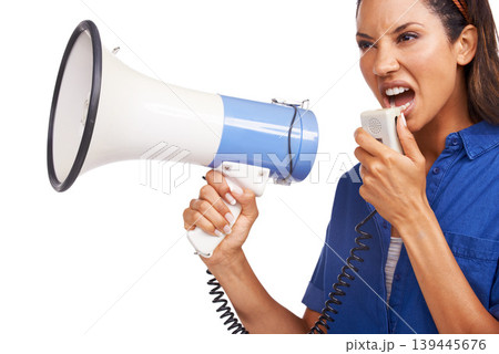 Megaphone communication, studio and woman scream, angry or broadcast revolution speech on gender equality. Government politics protest, announcement sound or loud speaker isolated on white background Megaphone communication, studio and woman scream, angry or broadcast revolution speech on gender equality. Government politics protest, announcement sound or loud speaker isolated on white background 139445676