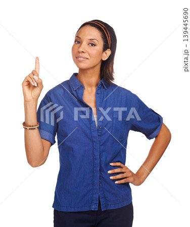 Studio woman, advertising portrait and pointing up at sales deal promotion, presentation or news. Information, announcement or person show notification, offer or discount isolated on white background Studio woman, advertising portrait and pointing up at sales deal promotion, presentation or news. Information, announcement or person show notification, offer or discount isolated on white background 139445690