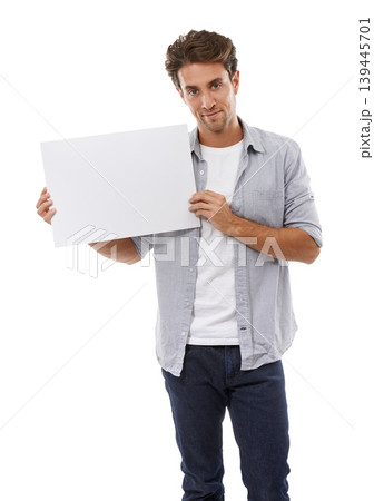 Poster, mockup and portrait of man with sign, presentation and communication of announcement in white background. Blank, placard and person advertising in studio, space and billboard for news or info Poster, mockup and portrait of man with sign, presentation and communication of announcement in white background. Blank, placard and person advertising in studio, space and billboard for news or info 139445701