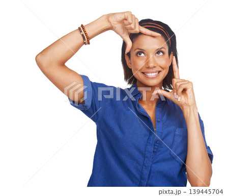 Woman, hands and framing face in studio for perspective photography, inspiration or white background. Female person, model and fingers border for happy capture on mockup space, confident or picture 139445704