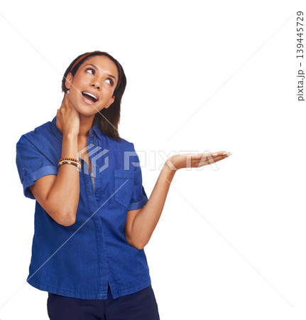 Studio woman, mockup and palm gesture for sales deal promotion, commercial space or advertising choice. News info, announcement and model notification, offer or discount isolated on white background 139445729