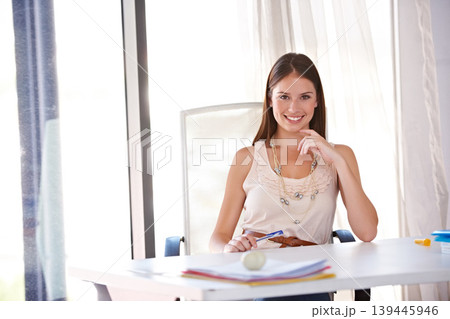 Fashion, designer and portrait at desk in office with happiness, creativity and small business owner planning. Working, table and woman in agency workplace of editor with confidence and smile Fashion, designer and portrait at desk in office with happiness, creativity and small business owner planning. Working, table and woman in agency workplace of editor with confidence and smile 139445946