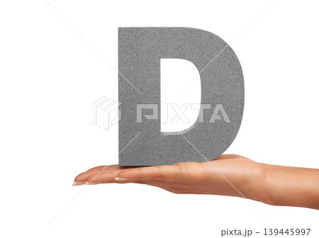 D, alphabet and hand with letter on a white background for spelling, language and message. English, communication and isolated sign, symbol and icon on palm in studio for learning, education and font D, alphabet and hand with letter on a white background for spelling, language and message. English, communication and isolated sign, symbol and icon on palm in studio for learning, education and font 139445997