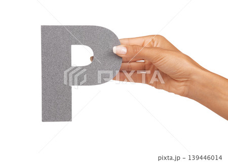 Hands, font and capital letter P in studio isolated on a white background mockup space. Fingers, alphabet and closeup of sign for typo, communication or learning language, character or uppercase icon 139446014