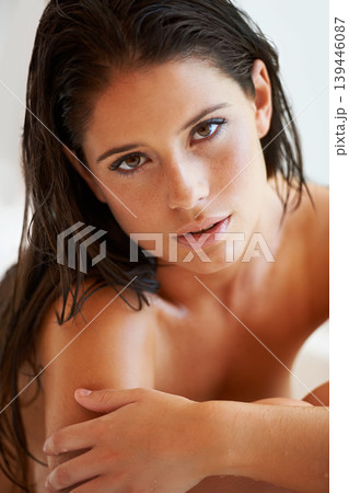 Portrait, bath and woman washing, relax and self care maintenance for hygiene, facial cleanse and skin wellness. Body hydration, home bathroom or model grooming, beauty routine or skincare in bathtub Portrait, bath and woman washing, relax and self care maintenance for hygiene, facial cleanse and skin wellness. Body hydration, home bathroom or model grooming, beauty routine or skincare in bathtub 139446087