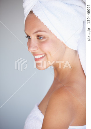 Profile of happy woman, thinking or towel for skincare or wellness in bathroom for glow or detox. Morning, clean or confident lady with dermatology results, beauty or healthy skin with smile to relax Profile of happy woman, thinking or towel for skincare or wellness in bathroom for glow or detox. Morning, clean or confident lady with dermatology results, beauty or healthy skin with smile to relax 139446093