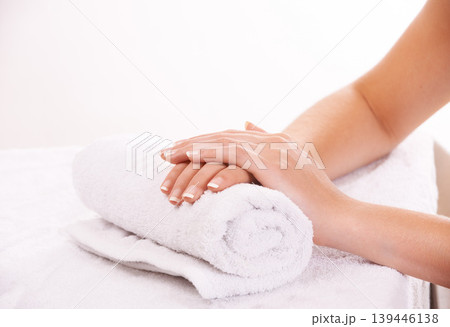 Woman, hands and french manicure in beauty salon, spa and cosmetic care, skincare and tips. Natural growth, luxury and treatment for hygiene, closeup and nail parlour with towel, clean or maintenance Woman, hands and french manicure in beauty salon, spa and cosmetic care, skincare and tips. Natural growth, luxury and treatment for hygiene, closeup and nail parlour with towel, clean or maintenance 139446138