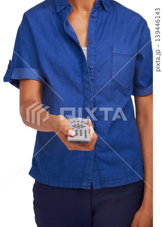 Studio, television or hands of person with remote control in a living room for relax, weekend or movie. Channel, change or woman on white background watching tv or resting on break with subscription 139446143